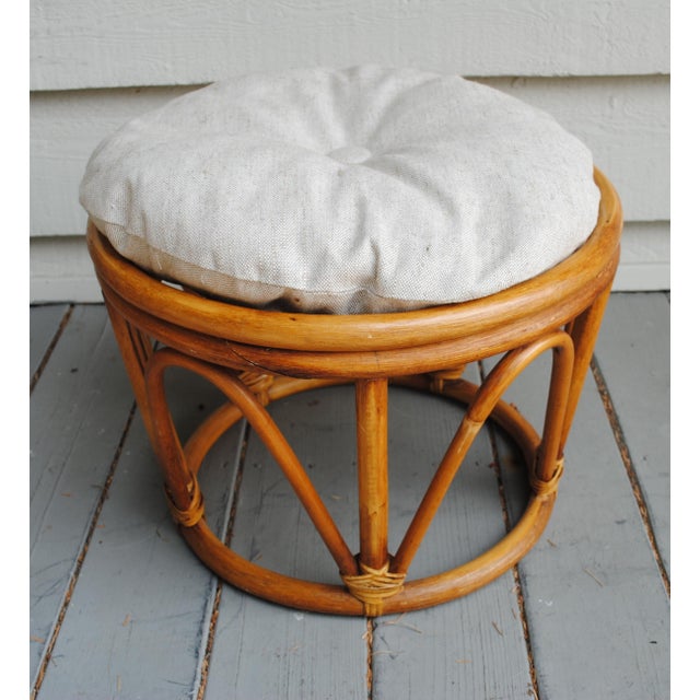 Vintage Natural Bamboo Rattan Round Stool Ottoman With Cushion For Sale - Image 4 of 5