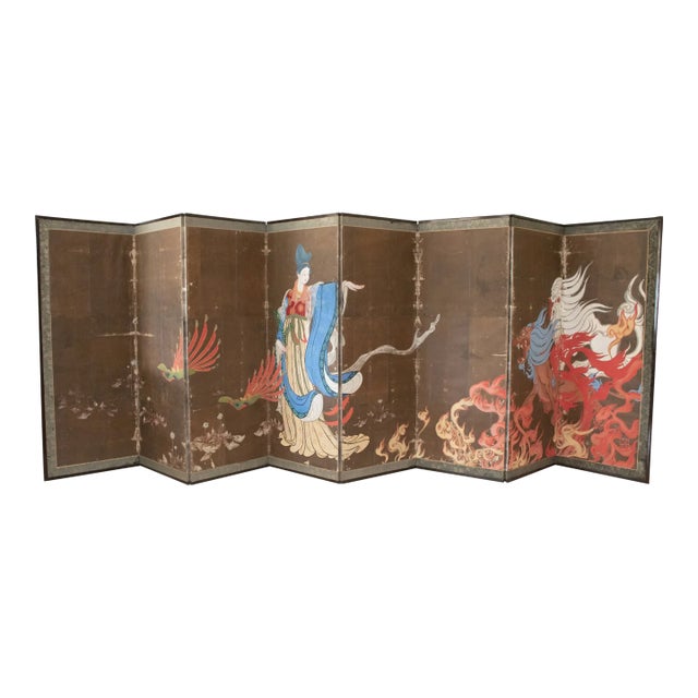 Large Meiji to Early Showa Japanese 8-Panel Painted Byobu Screen "Celestial Maiden" For Sale