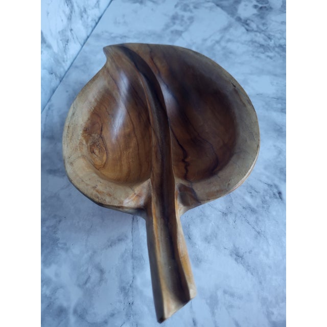 African Hand Carved Iroko Wood Partitioned Leaf Bowl For Sale - Image 3 of 11