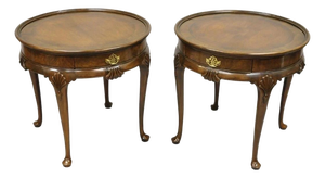 Vintage Baker English Queen Anne Style Burl Walnut Round Lamp End Tables - Pair