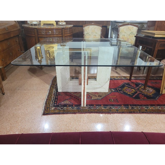 Beige Travertine and Marble Dining Table with Glass Top, 1970s For Sale - Image 8 of 13