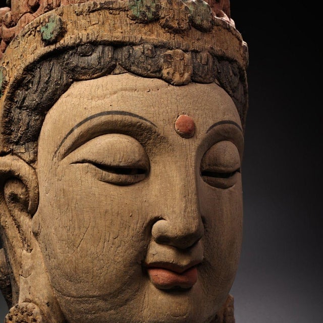 Wood Monumental Vintage Carved Wooden Guanyin Head, 18" Tall For Sale - Image 7 of 10