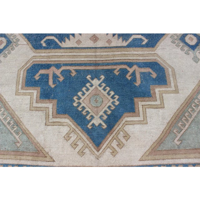 Large Vintage Turkish Rug With Stylized Geometric Design in Blue, Ivory, Tan For Sale In Atlanta - Image 6 of 12
