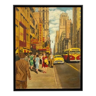 Dave Milton Vintage 1959 Mid Century Modern Edward Hopper Style " 42nd Street and Fifth Avenue, New York City " Framed Original Realist Oil Painting For Sale