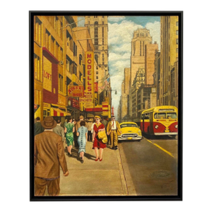 Dave Milton Vintage 1959 Mid Century Modern Edward Hopper Style " 42nd Street and Fifth Avenue, New York City " Framed Original Realist Oil Painting