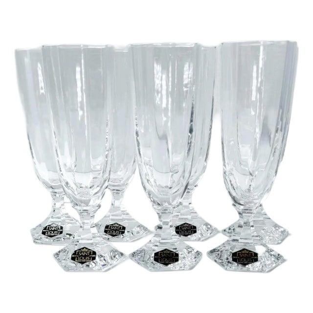 1980s St. Louis Crystal Champagne Flutes: French 'Saint Cloud' - Set of 7 For Sale