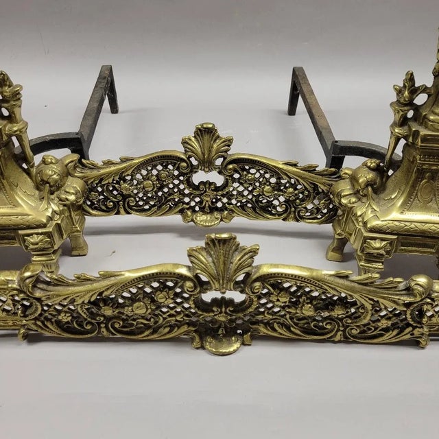 Mid 19th Century 19th C. French Cast Brass Baroque Fireplace Andirons Chenets and Fender Set For Sale - Image 5 of 12