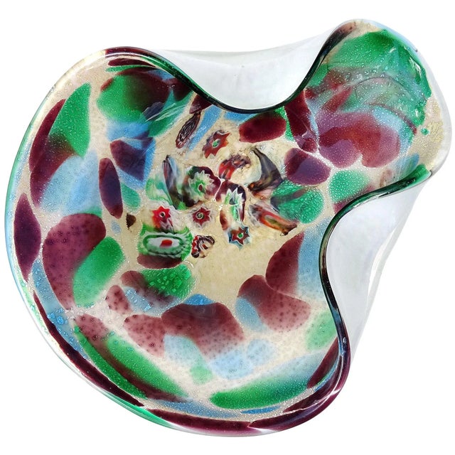 Glass Murano Purple Green Blue Silver Leaf Millefiori Flowers Vintage Italian Art Glass Decorative Center Bowl For Sale - Image 7 of 7