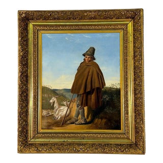 Mid 19th Century French Oil Painting of a Shepherd on Landscape Background For Sale