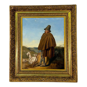 Mid 19th Century French Oil Painting of a Shepherd on Landscape Background