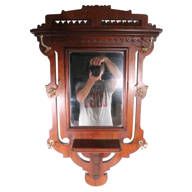 Brown Victorian Eastlake Aesthetic Movement Wall Mirror Hat Rack C. 1880's For Sale - Image 8 of 15