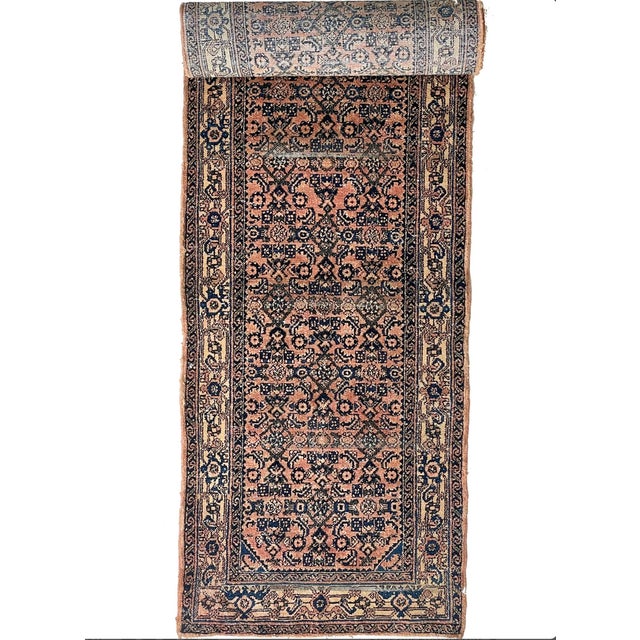 1940s Coral & Glowinng Blush with Indigo & Army Green Runner Rug 2.8 x 19.7 For Sale - Image 12 of 12