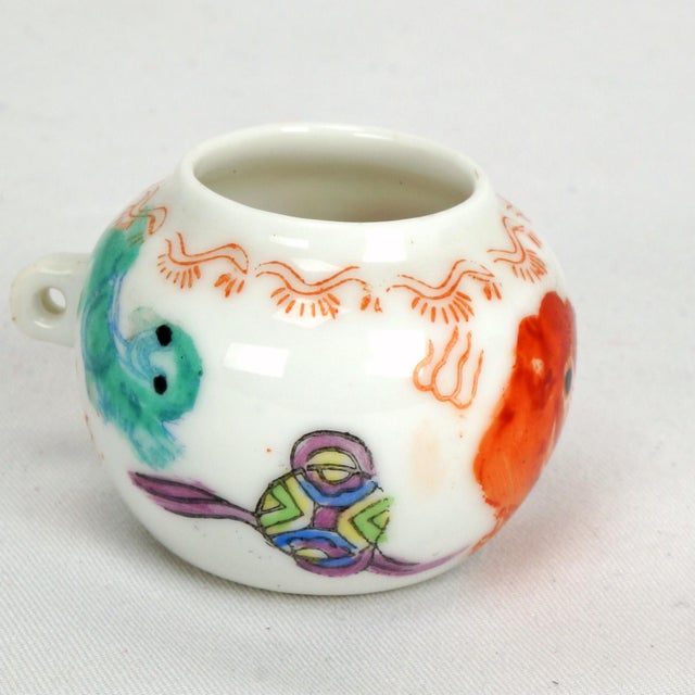 Pair of Antique Chinese Porcelain Cage Bird Feeders With Foo Dogs C 1900 For Sale - Image 9 of 15