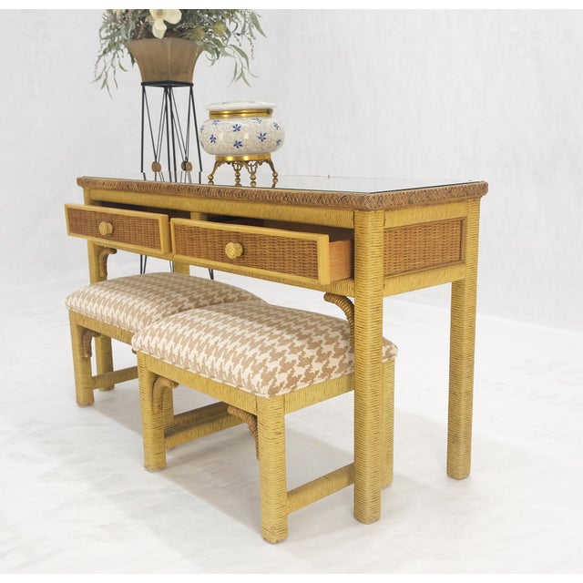 Mid 20th Century Mid Century Modern Wicker Glass Top Consoel Table w/ Pair of Matching Benches For Sale - Image 5 of 18