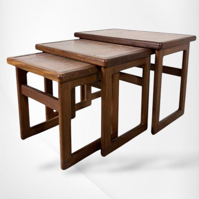 Wood Mid-Century Modern Teak Nesting Tables with Ceramic Tile Tops, Set of 3 For Sale - Image 7 of 8
