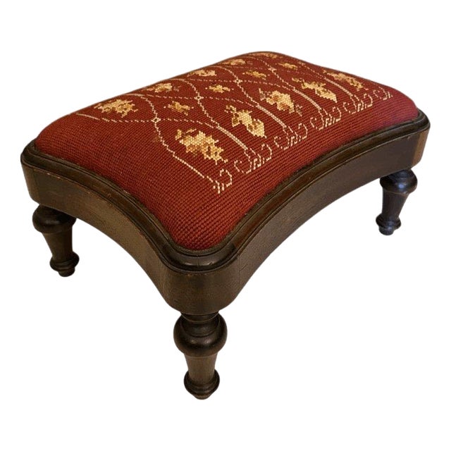 Antique Needlepoint Textile Upholstered Floral Design Footstool For Sale
