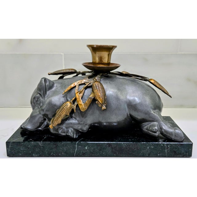 Farmhouse Vintage Petites Choses Pewter Sleeping Pig Candle Holders on Green Marble – Pair, Usa For Sale - Image 3 of 15
