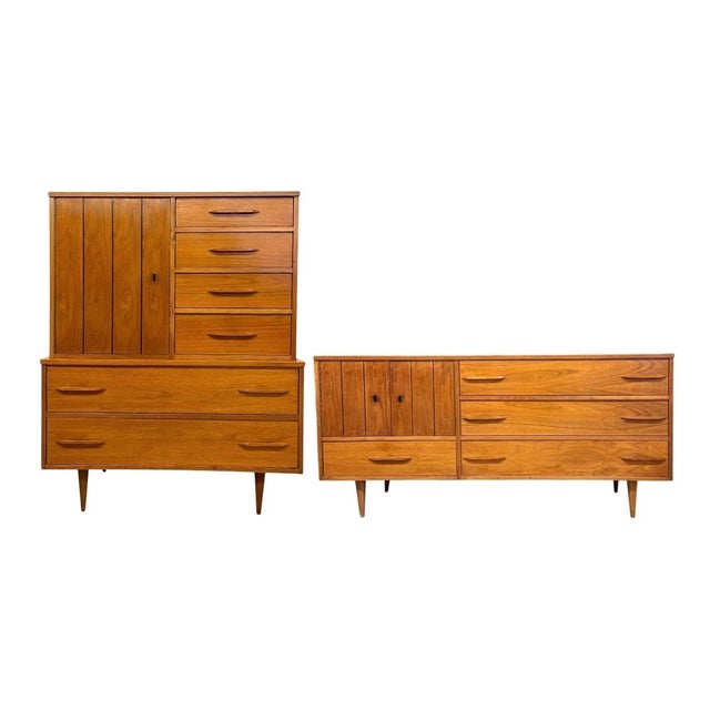 Coordinated vintage mid-century modern bedroom set featuring a gentleman's chest highboy dresser and a matching credenza-...