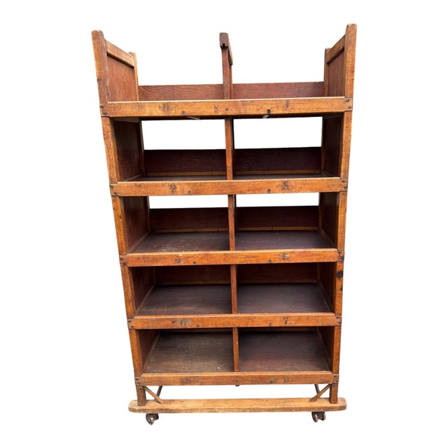 Early 20th Century Maine Shoe Factory Numbered Wood Rolling Cubbies / Industrial Shelving Cart An exceptional early 20th-...