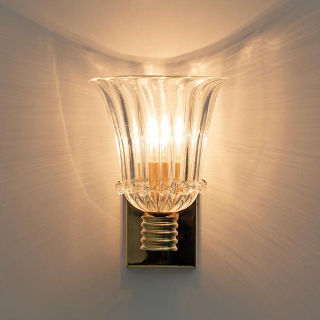 Murano Glass and Brass Sconces attributed to Barovier & Toso, 1990s, Set of 2 For Sale - Image 3 of 9