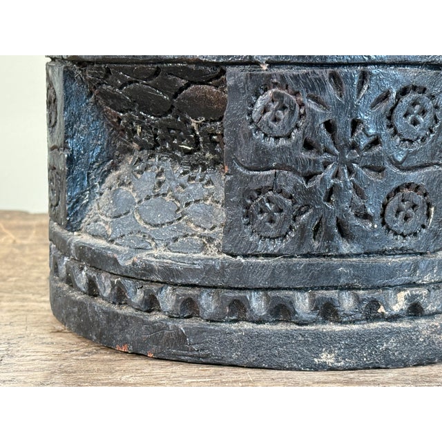 Wood Vintage Tribal Bedouin Carved Wood Coffee Mortar With Brass Rim Mihbaj For Sale - Image 7 of 9