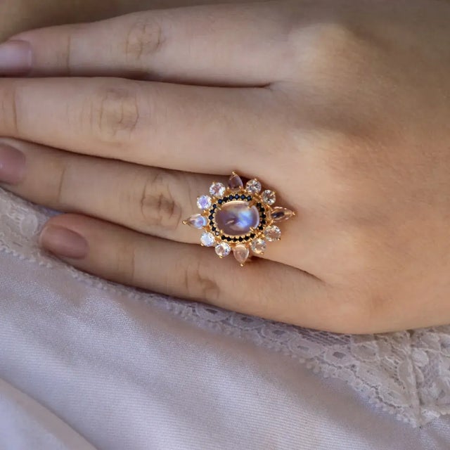 14K Solid Gold 7 x 9 mm Natural Moonstone｜Rainbow Blue｜Oval｜Eye Clean Moonstone CTW: 3.20 Natural Sapphire｜Royal...