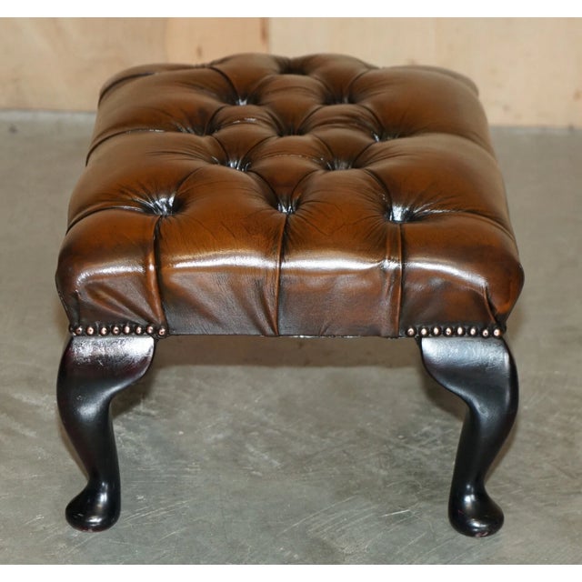 Vintage Pair of Chesterfield Chestnut Brown Leather Wingback Armchairs & Footstools For Sale - Image 18 of 18