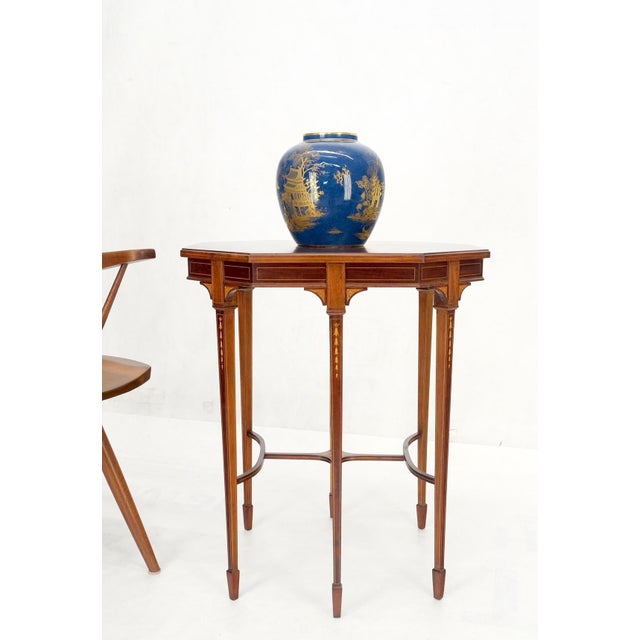 Very Ornate Delicate Lines Walnut Inlay Stretched Hexagon Lamp Side Table Mint For Sale - Image 12 of 16