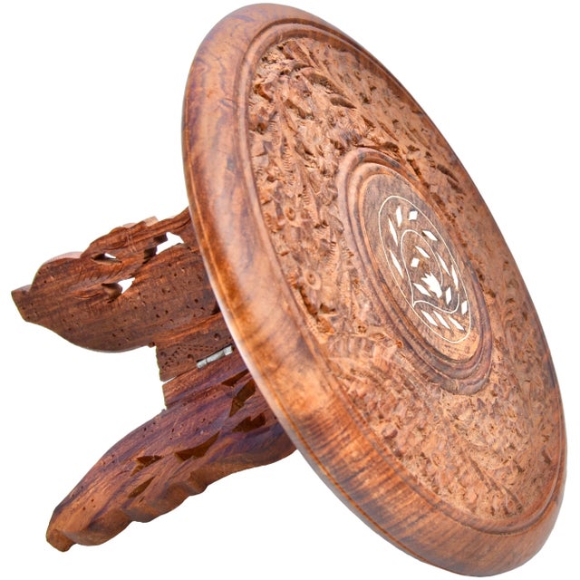 Beautiful antique rose wood small decorative accent table thoughtfully hand-carved with an elegant floral pattern, inlaid...