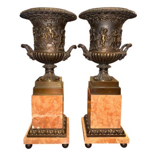 Pair of 19th Century French Bronze Urns on Marble Pedestals. For Sale