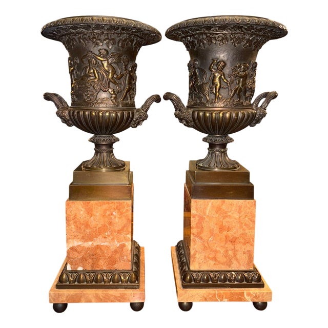 Pair of 19th Century French Bronze Urns on Marble Pedestals. For Sale