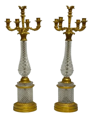Hollywood Regency Cut Crystal Gilt Brass Candelabras, France, 1930s
