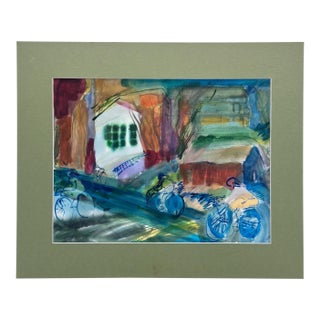 Vintage Monique Belitz Signed Expressionist Watercolor & Ink Painting – "Cyclists" (Matted) For Sale