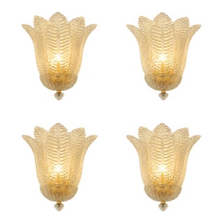 Contemporary Venetian Transparent Graniglia “Leaf” Murano Glass Wall Sconces — Set of Four For Sale