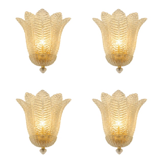 Contemporary Venetian Transparent Graniglia “Leaf” Murano Glass Wall Sconces — Set of Four For Sale