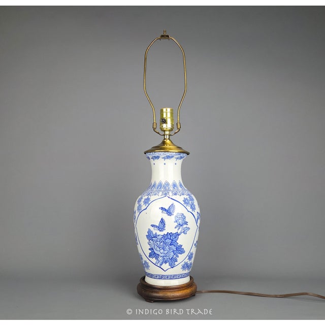 Mid 20th Century Vintage Blue and White Chinoiserie Porcelain Vase Lamp With Birds Flowers and Butterflies For Sale - Image 5 of 12