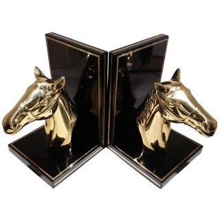 Black Lacquer & Brass Horse Head Bookends - A Pair For Sale