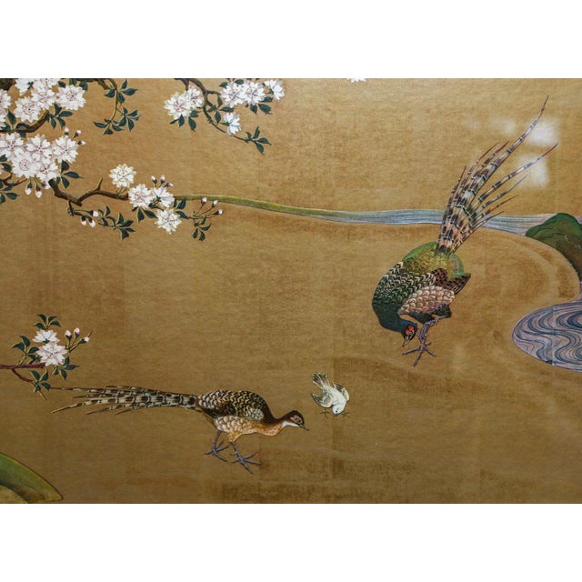 1960s Vintage Gold Chinese Garden Scene With Peacock Framed Print For Sale - Image 4 of 5
