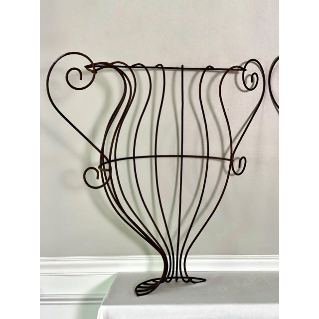 Antique Large Neoclassical Style Wrought Iron Urn Form Demilune Wall Planters, Pair For Sale - Image 9 of 16