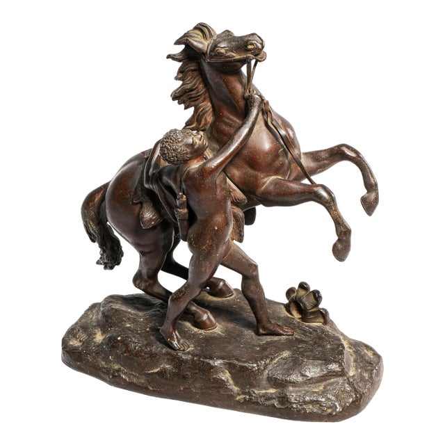 Neoclassical Style Antique Victorian Cast Metal Statue Man With Horse Equestrian Home Decor For Sale