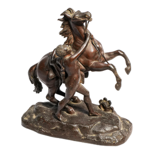 Neoclassical Style Antique Victorian Cast Metal Statue Man With Horse Equestrian Home Decor