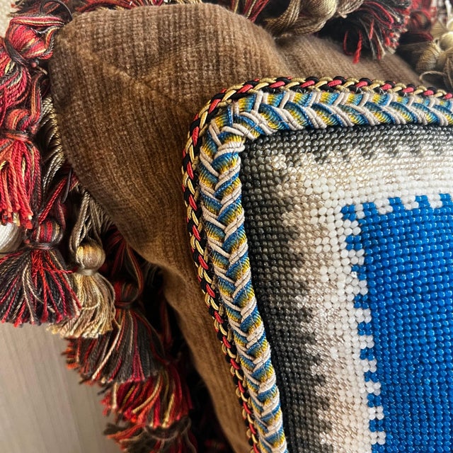 Beautiful antique beadwork pillow with floral design // stunning 21” x 18” decorative pillow // tassel and trim // velvet // hidden zipper For Sale In Kansas City - Image 6 of 10