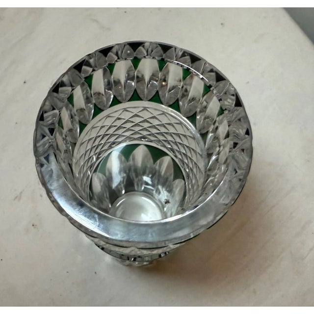 Vintage Handmade Green Val Saint Lambert Belgian Cut to Clear Crystal Glass Vase For Sale - Image 10 of 10