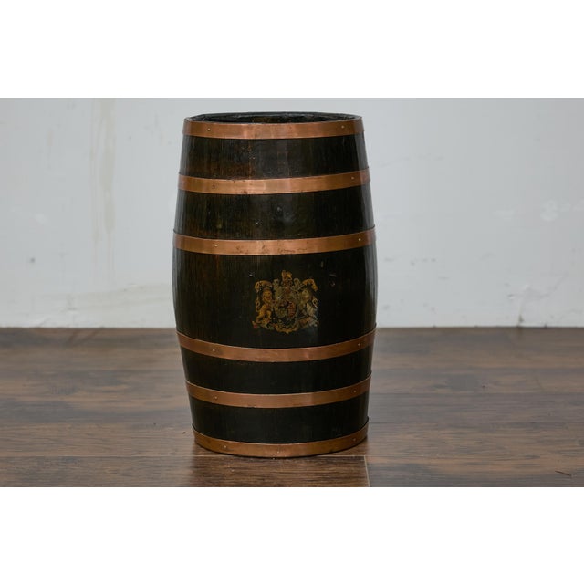 Early 20th Century English Wooden Barrel, Copper Braces, Royal Coat of Arms Transfer, Circa 1900 For Sale - Image 5 of 12