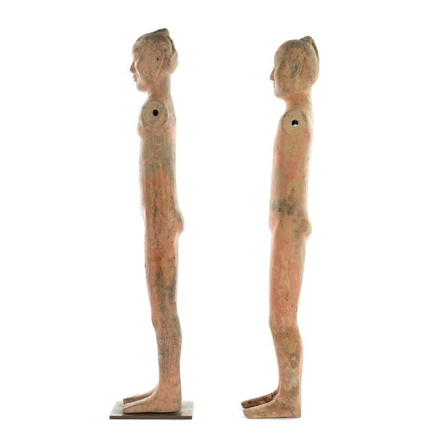 Chinese, Han Dynasty Pair Terracotta / pottery Mingqi Slender Tomb Standing Figures, very slight traces of paint remains....