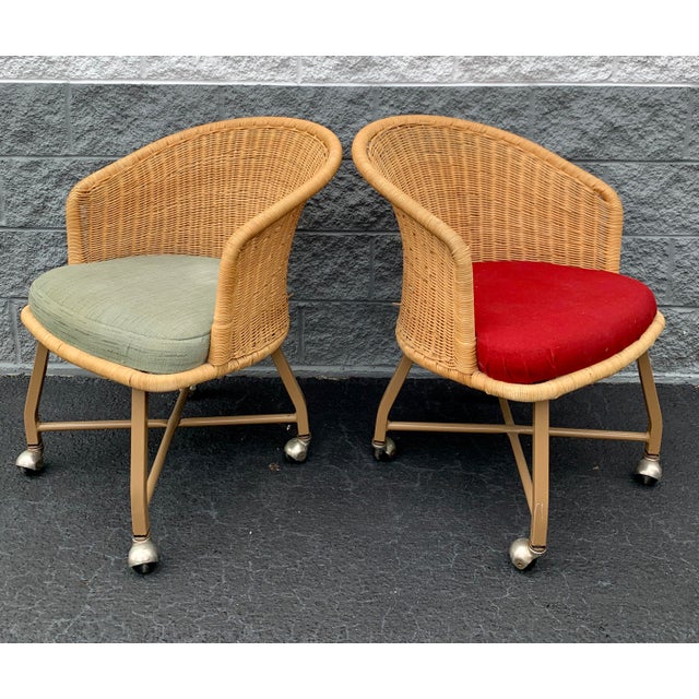 Vintage Natural Woven Wicker Barrel Chairs on Casters - Set of 2 For Sale - Image 10 of 11