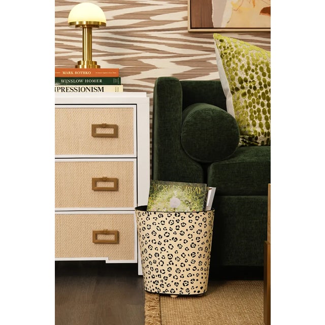 New special order item. Not vintage. Hand painted tole metal oval wastebasket with hand painted cheetah design on a cream...