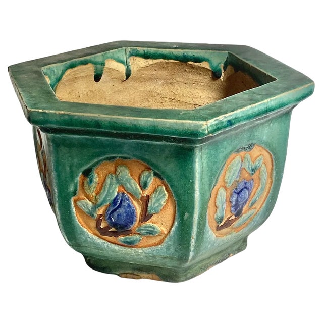 Green Glazed Terracotta Plant Pot Holder, France, 1930s For Sale