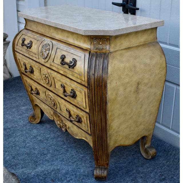 Stone Wood Marble Top Chest French Baroque Style Bombay Commode Carved 3 Drawer 90's For Sale - Image 7 of 18
