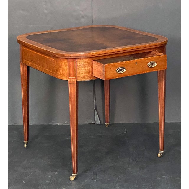 English English Square Top Writing Table or Desk of Mahogany With Embossed Leather Top For Sale - Image 3 of 12